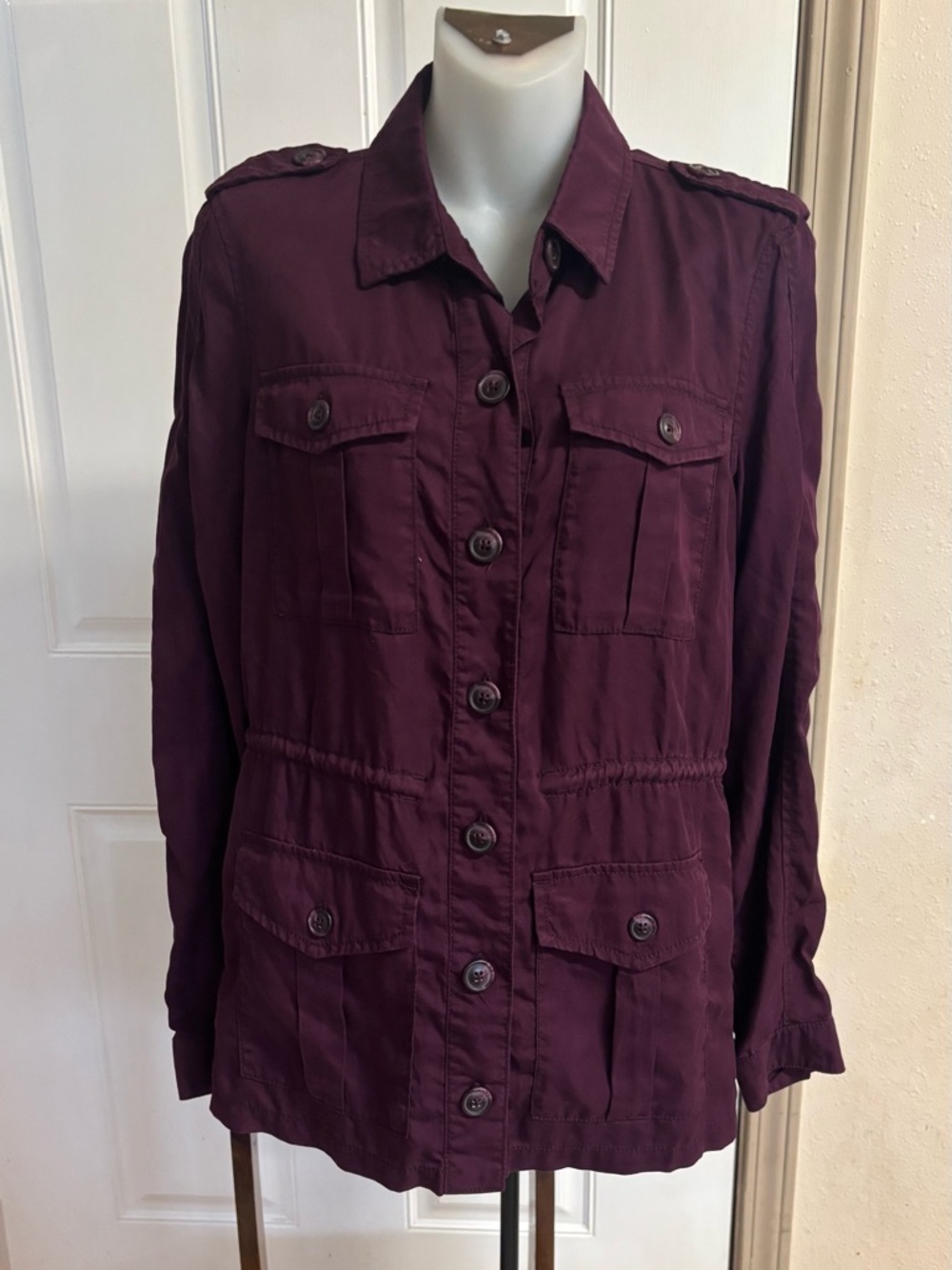 Small Gap Burgundy light weight long sleeve button up utility jacket.